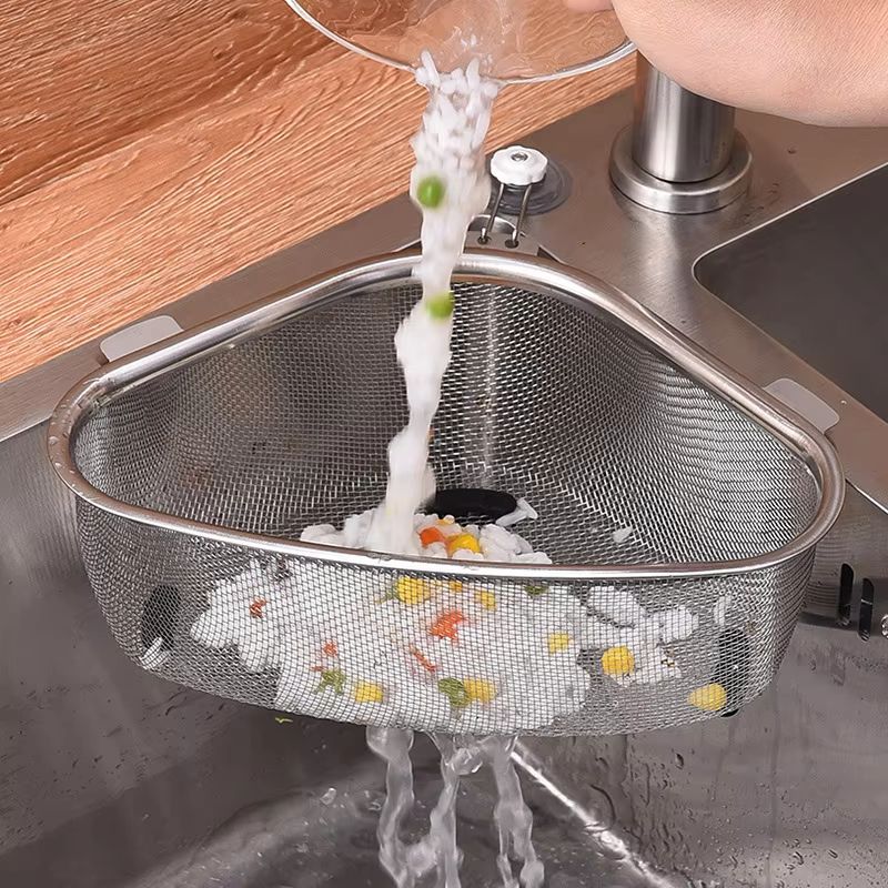 Stainless Steel Triangle Sink Drain Basket Strainer and Kitchen Organizer Rack