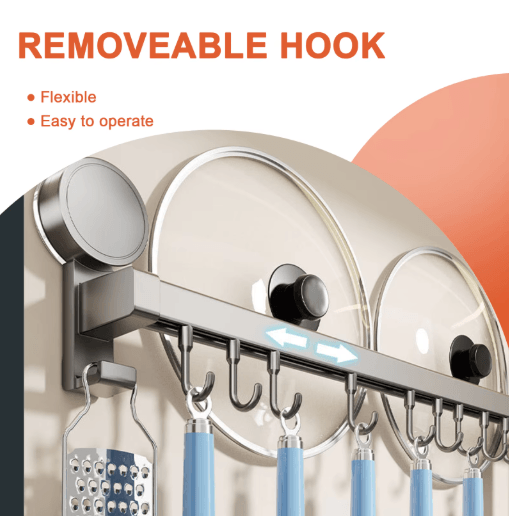 Wall Mounted Kitchen Hook Rack No Drill Utensil Hanger Rail with Chopping Board Holder