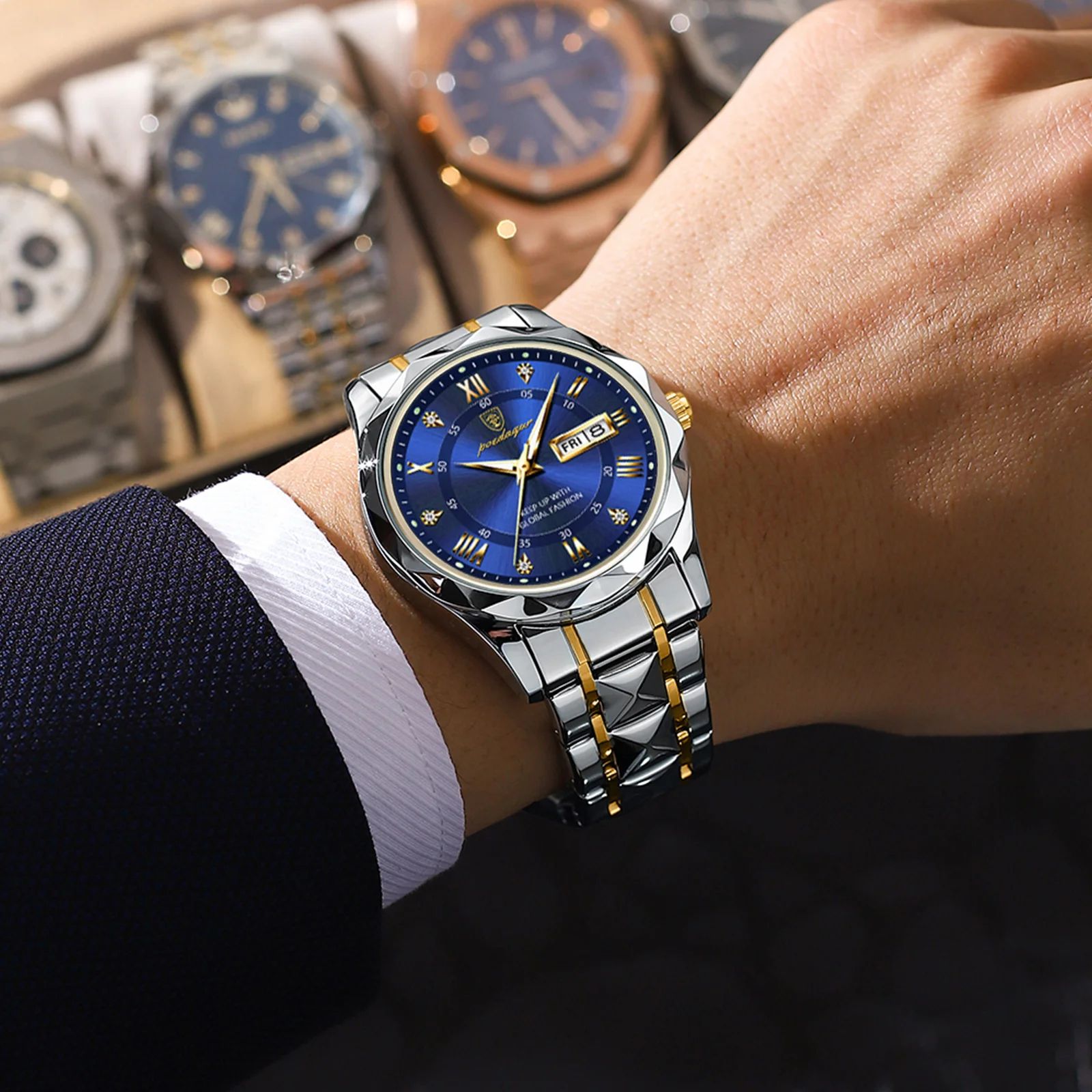 POEDAGAR 615 Luxury Waterproof Stainless Steel Men's Quartz Watch with Luminous Date & Week Display