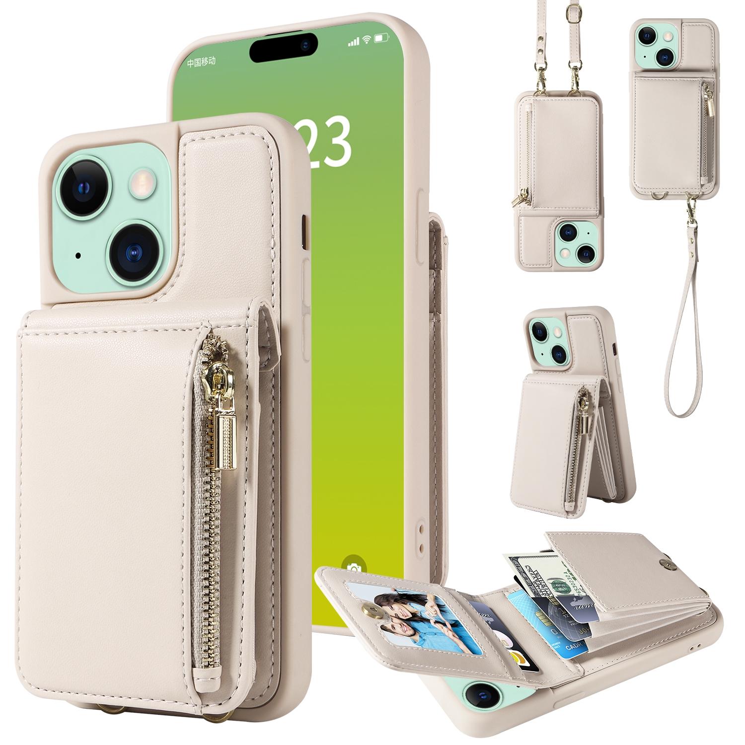 Leather Crossbody iPhone Wallet Case with Zipper Pocket & Lanyard Strap