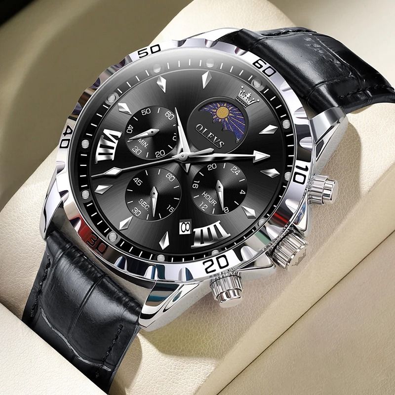 Mens Moon Phase Skeleton Watch with Luminous Hands