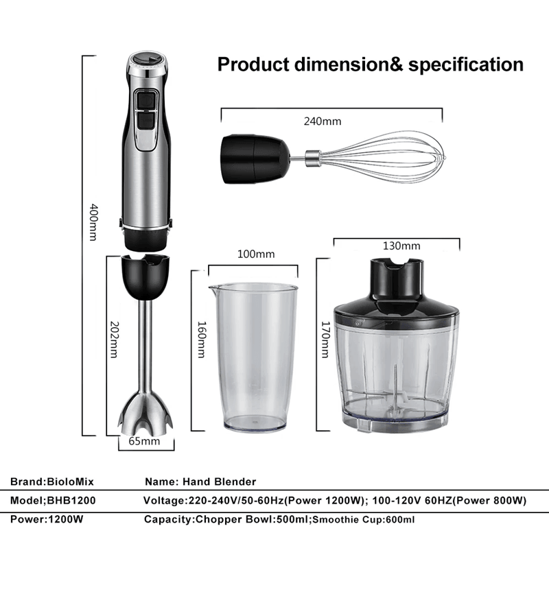 BioloMix 4 in 1 Hand Blender with Chopper and Smoothie Cup