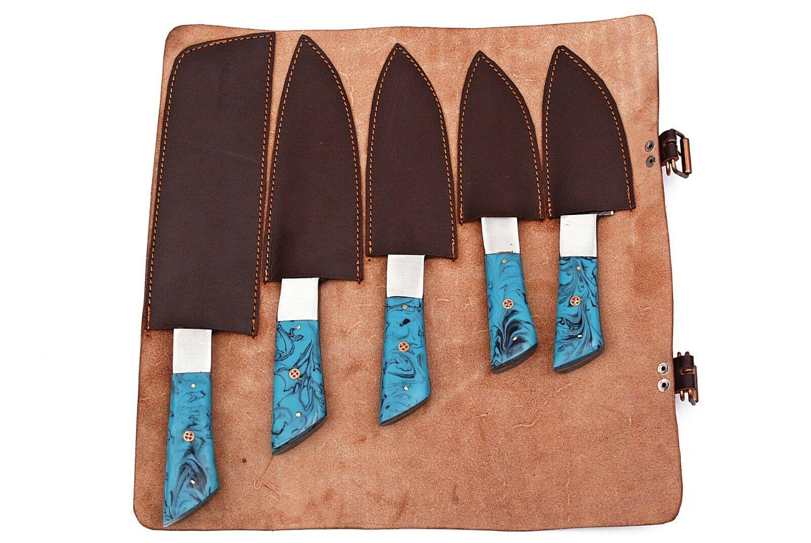 Custom Handmade Damascus Chef Knives Set with Wooden Handles