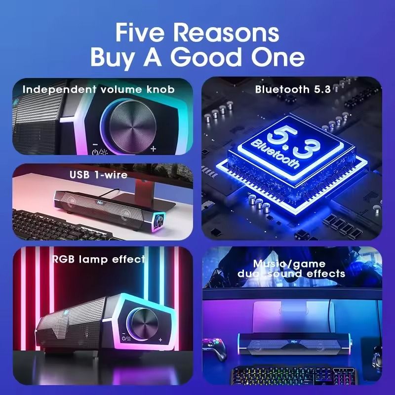 Bluetooth 5.0 Computer Soundbar with Surround Stereo Subwoofer and Wired Connection