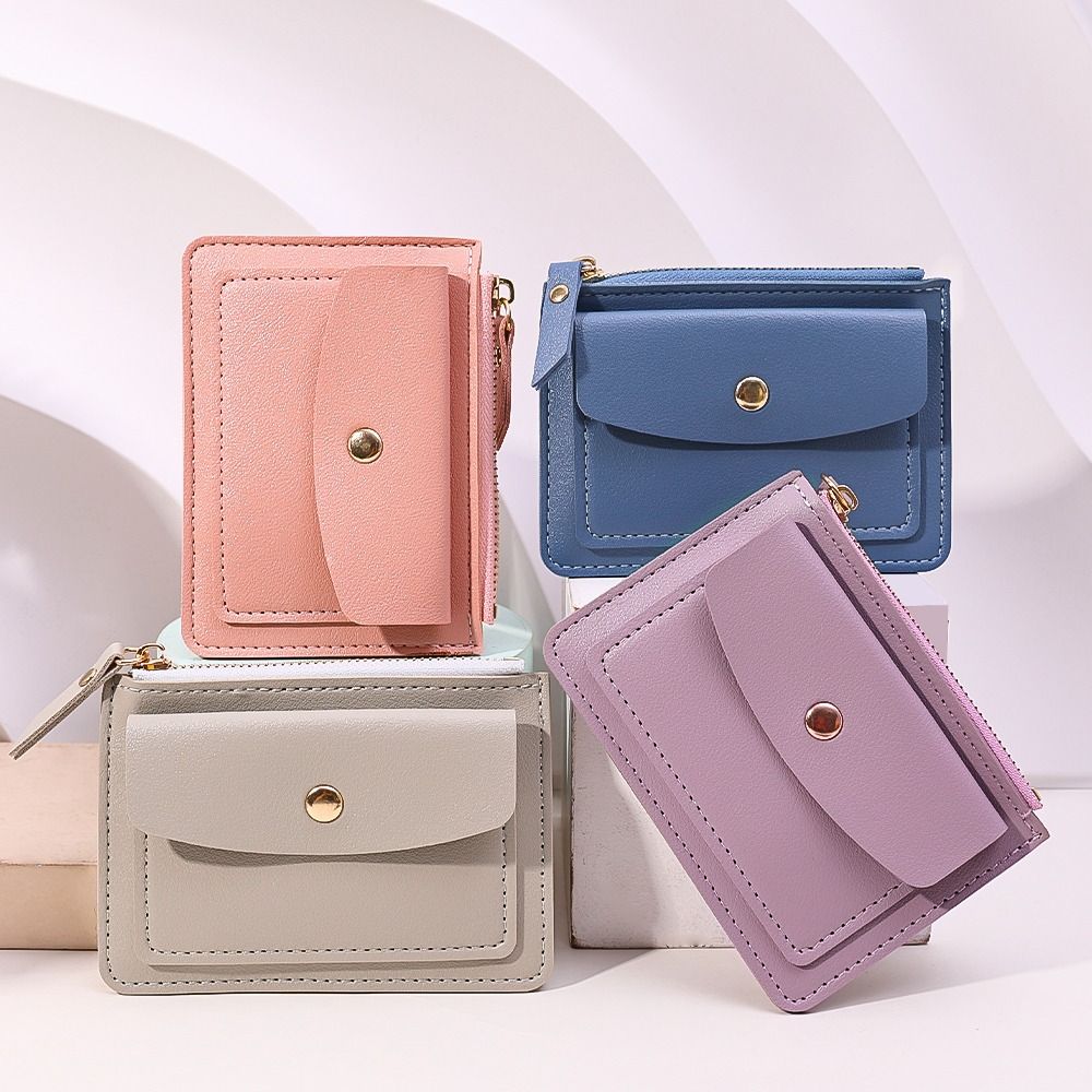 Women Simple Short Wallet Purse, Solid Color PU Leather, Multi-Cards Holder, Coin Purse, Zipper Wallet