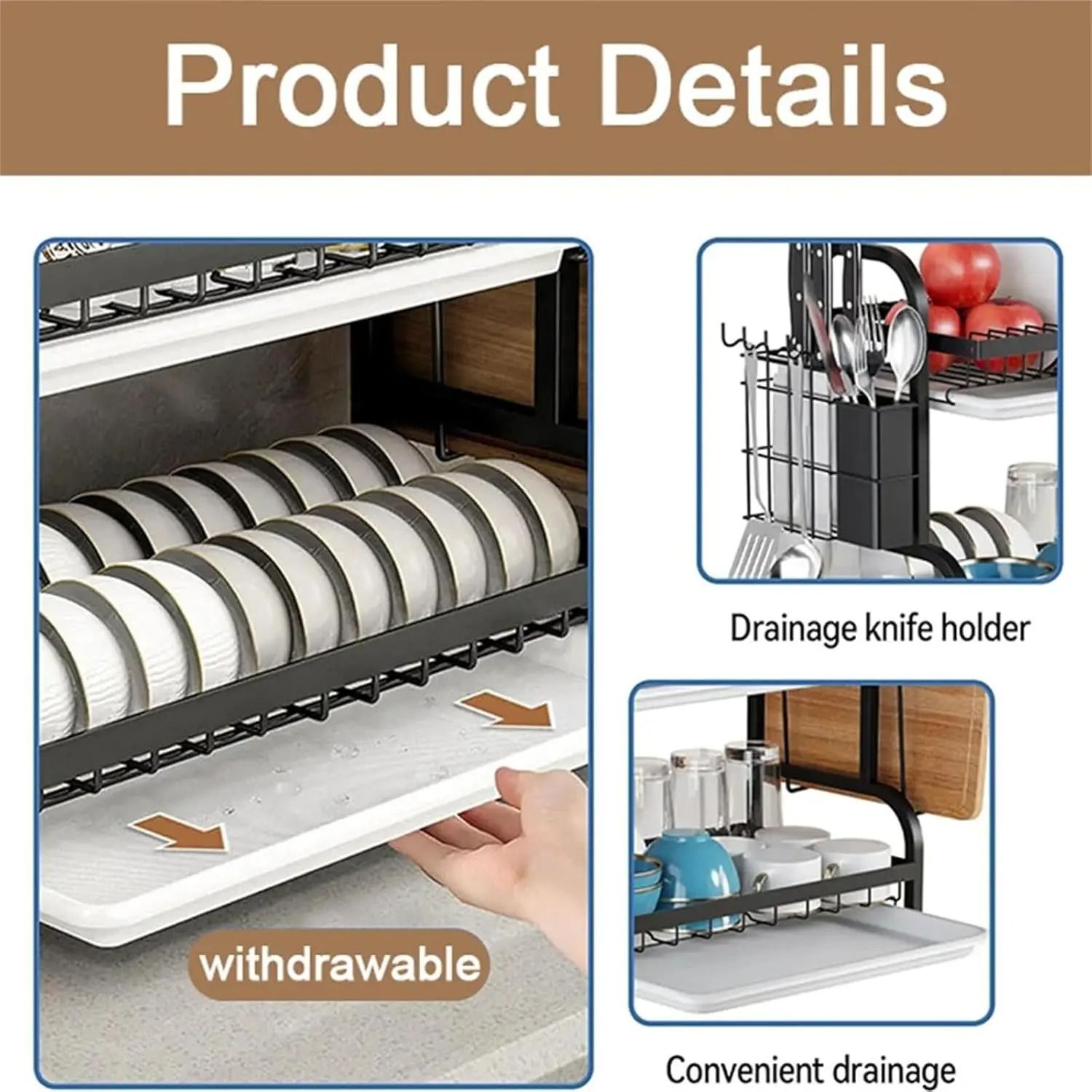 Three-Tier Space-Saving Dish Rack – Large Capacity Kitchen Countertop Utensil Holder & Draining System