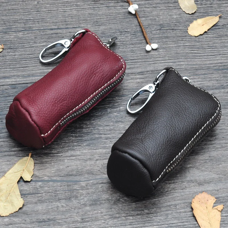 Mens Genuine Cow Leather Key Pouch Zipper Keychain Case for Car & Home Keys Stylish Key Holder for Men & Women
