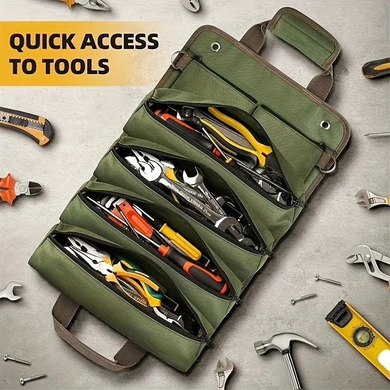 Oxford Fabric Multi-Tool Organizer, Heavy-Duty Roll-Up Tool Bag, All-in-One Garage Storage for Mechanics, Electricians,