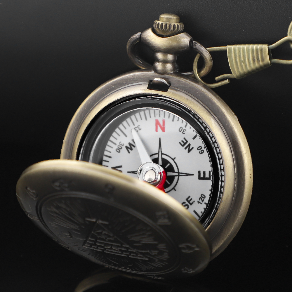 Vintage Compass Pocket Watch Necklace Brass Pyramid Eye Navigation Pendant