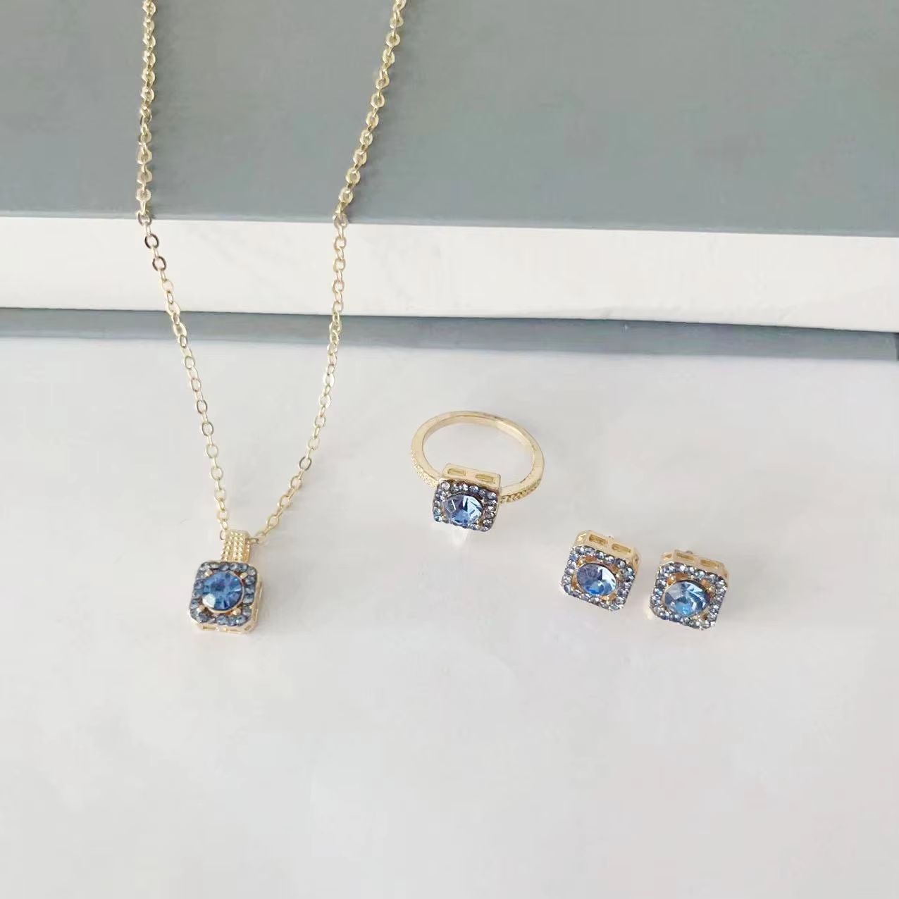 Luxury Cube Necklace Earrings and Ring Jewelry Set for Women