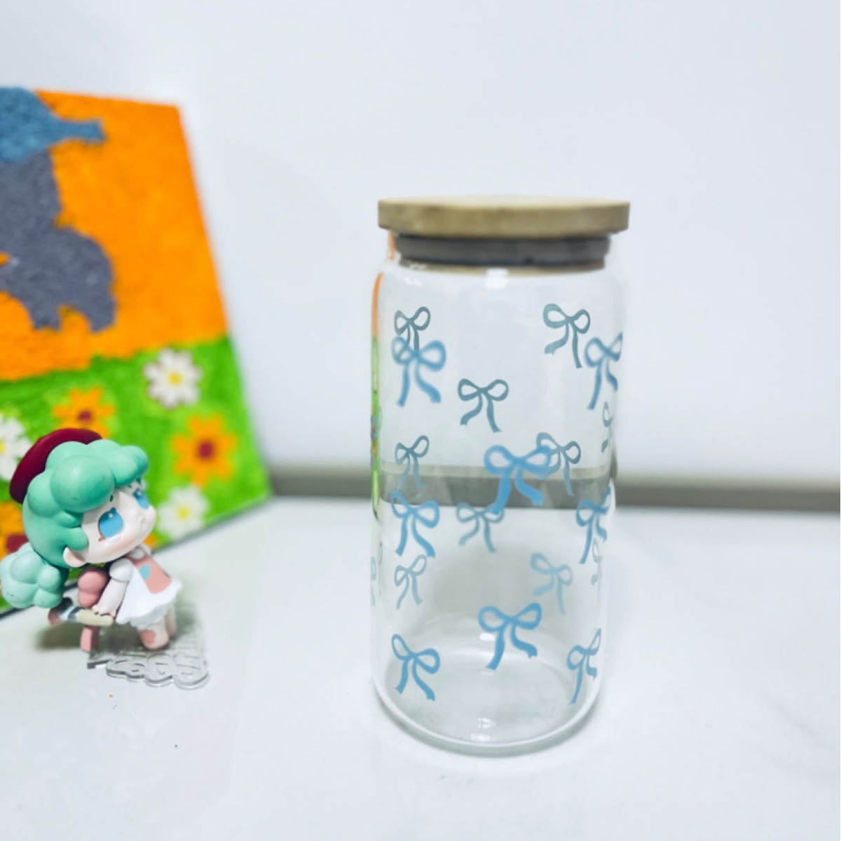 Cherry Bow Glass Tumbler Mason Jar Style Water Bottle with Lid Straw for Iced Coffee Juice