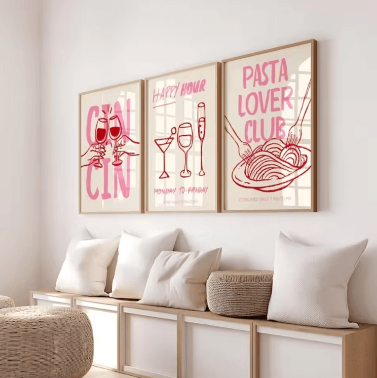Cin Cin Cheers Pink Cocktail Poster Set – Retro Kitchen & Bar Wall Art (Frameless)