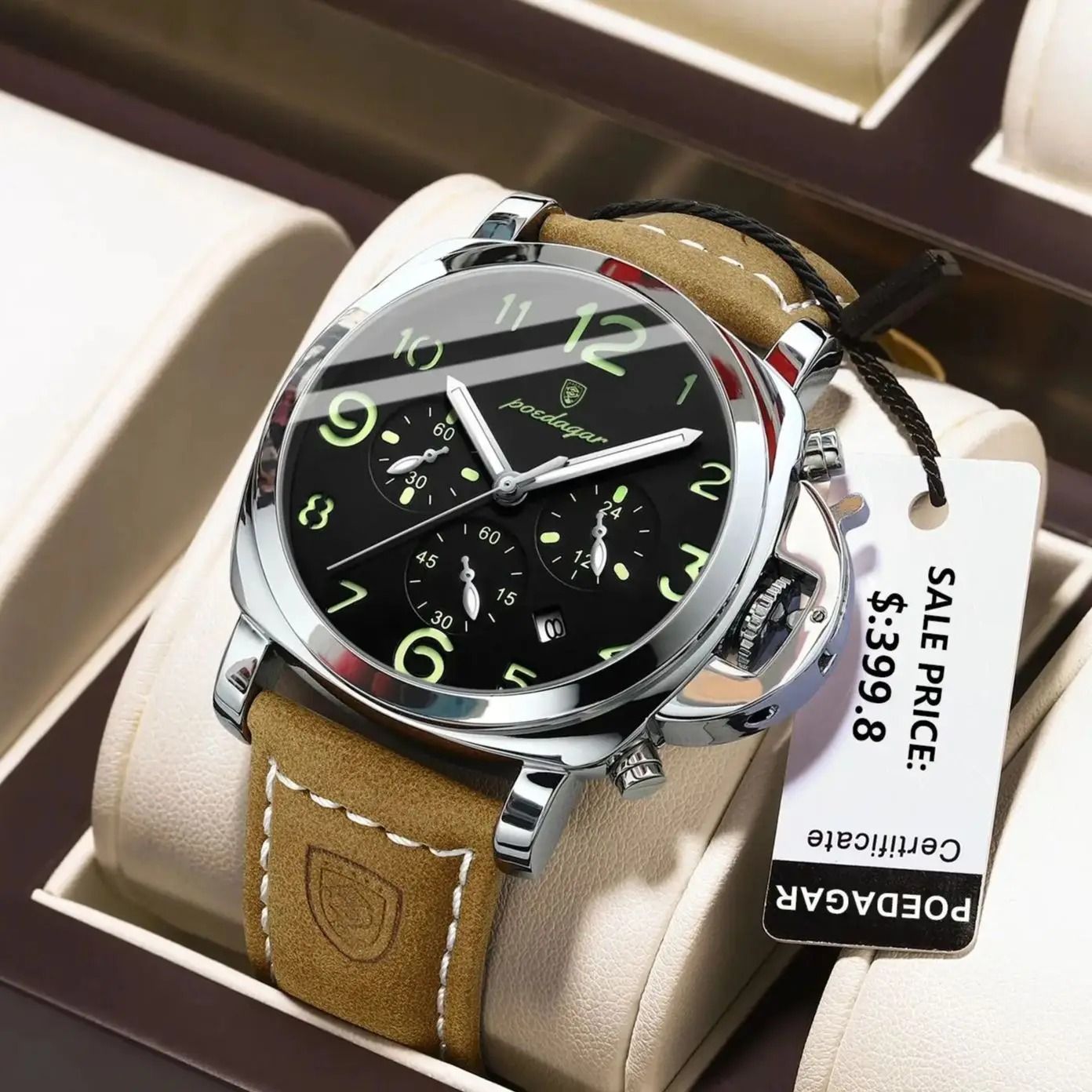 Luxury Military Waterproof Watch with Luminous Leather Strap Quartz Movement