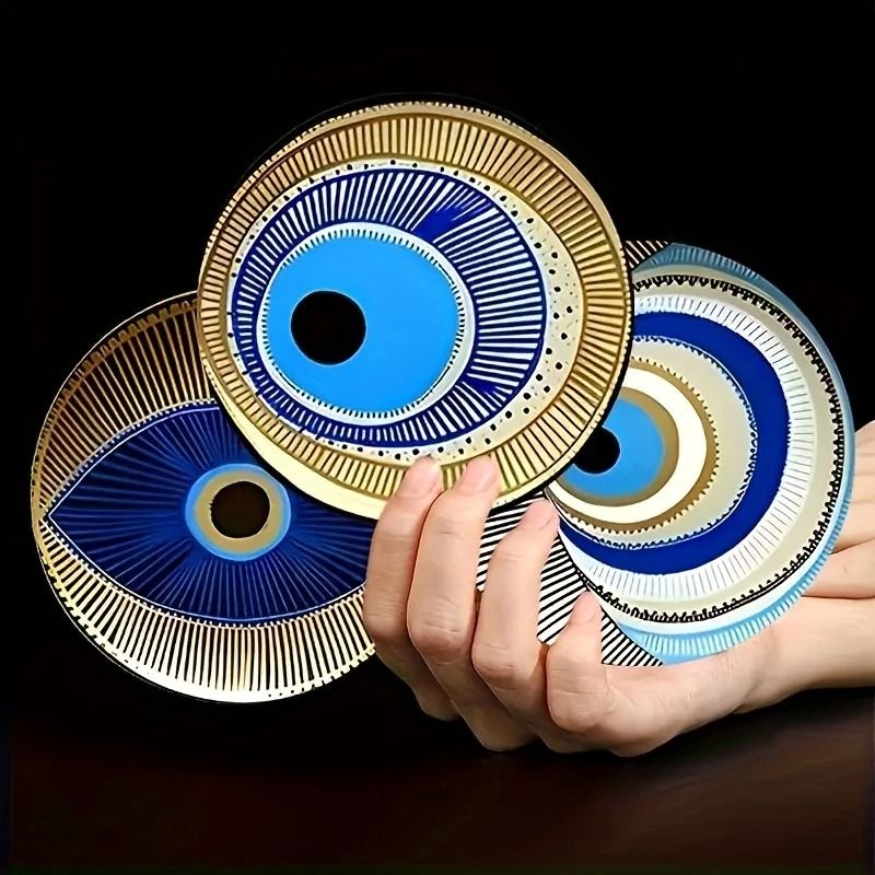6-Pack Wooden Coasters – 4 in Evil Eye Theme Desktop Insulation Mats – Modern Coffee Mug Coasters and Housewarming Gift