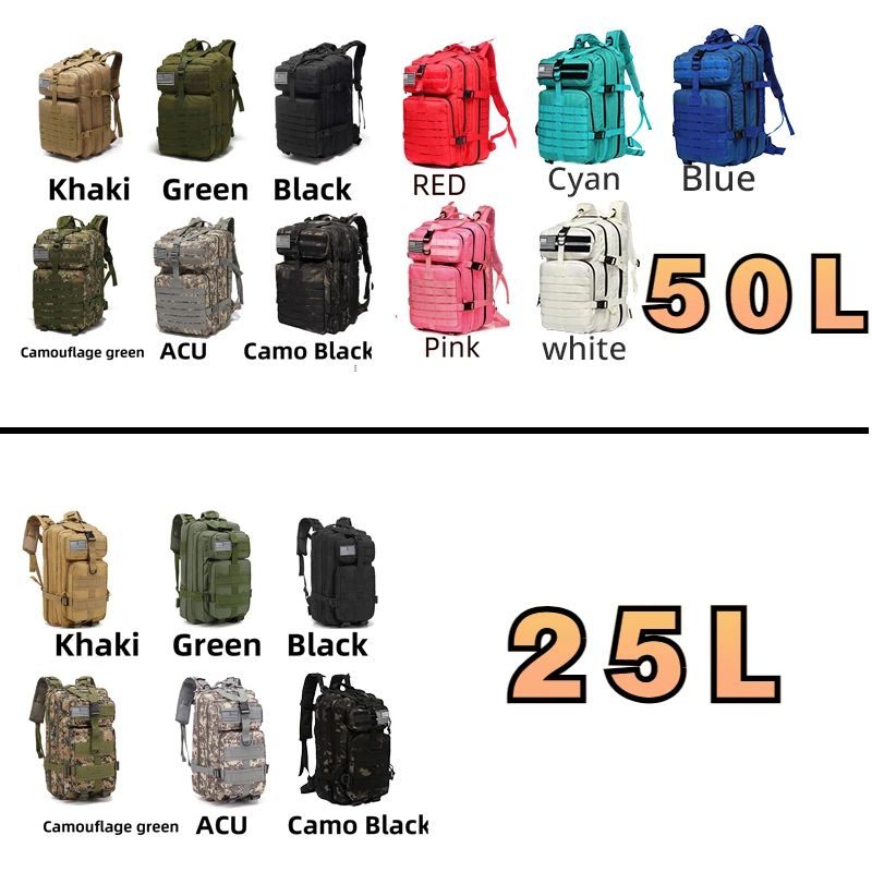 Tactical Waterproof Outdoor Backpack 25L and 50L, Nylon Rucksack for Hiking Fishing Camping and Hunting