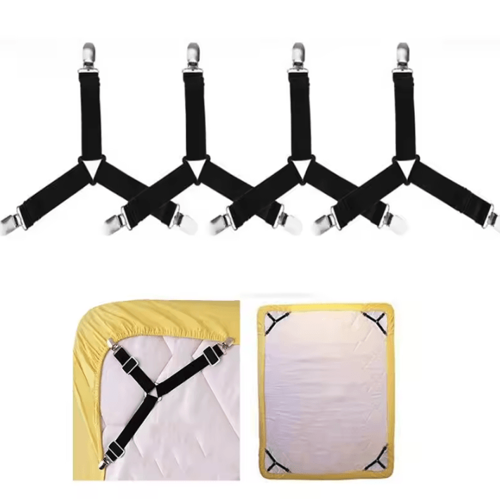 4-Piece Bed Sheet Fasteners & Mattress Cover Clips – Adjustable Elastic Straps for Bed Sheet Organizer & Bedding Grip