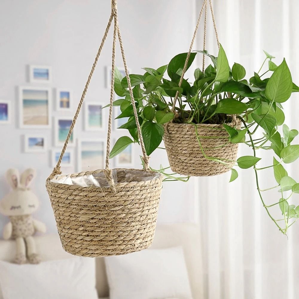Handwoven Hanging Basket Planter Twine Woven Rattan Style Orchid Pot
