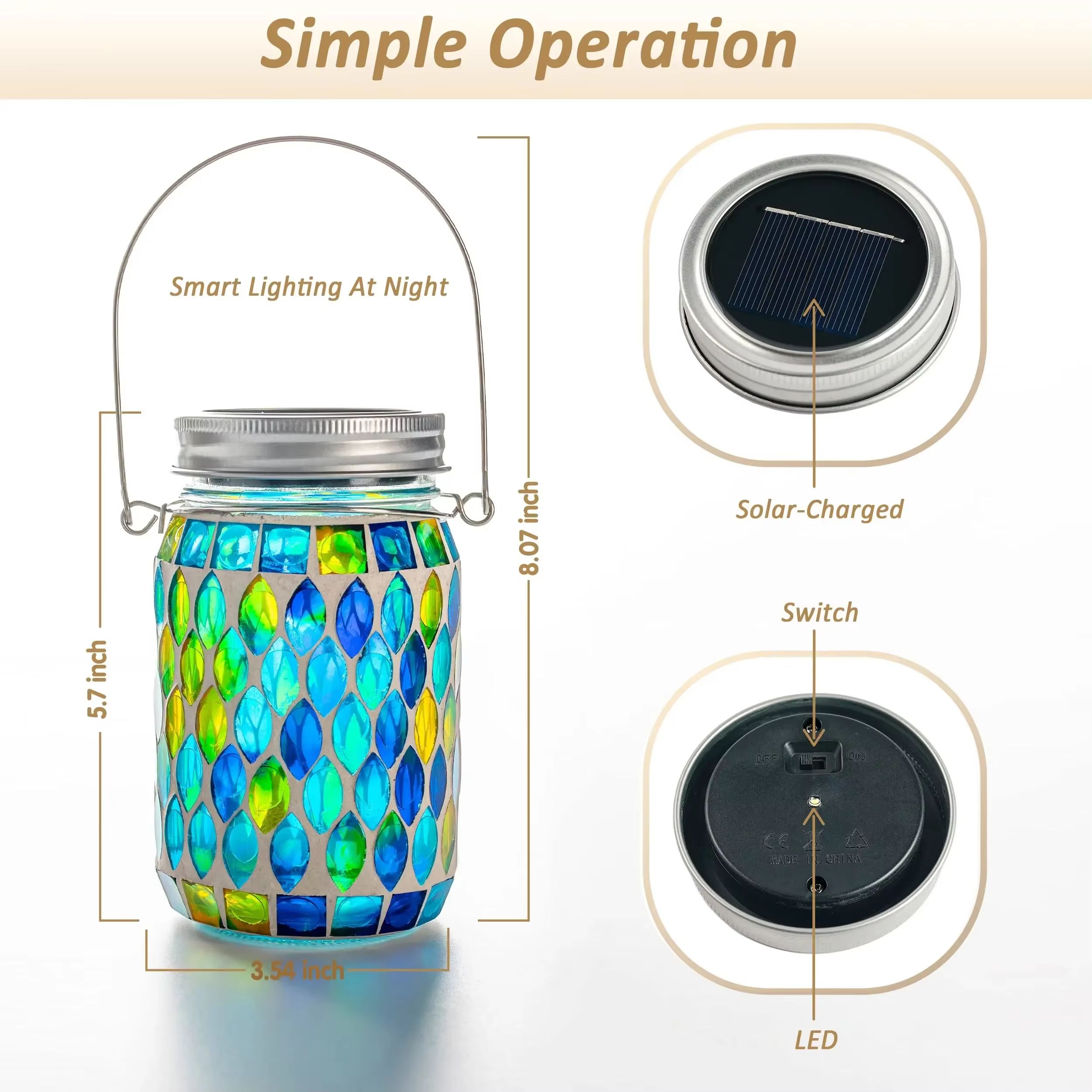 Solar Mosaic Hanging Lantern Waterproof Glass LED Garden Light