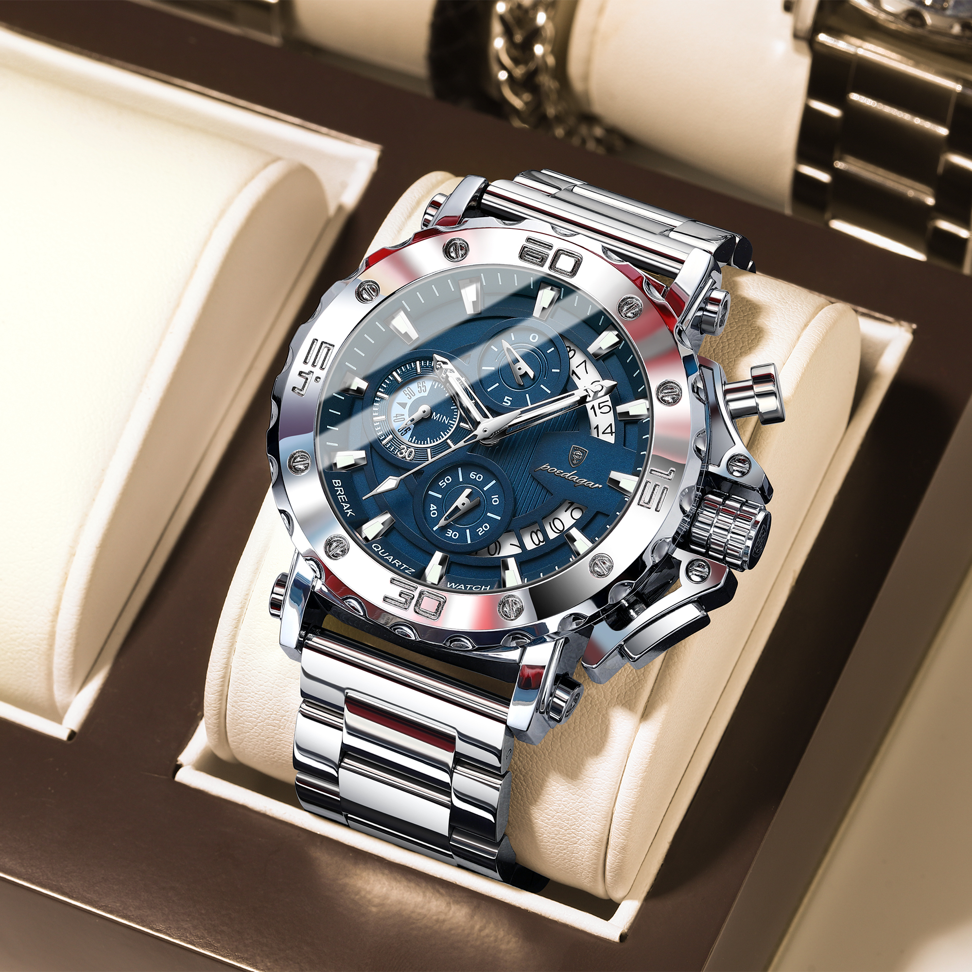 Luxury Men Chronograph Watch Waterproof Stainless Steel Luminous Calendar Timepiece