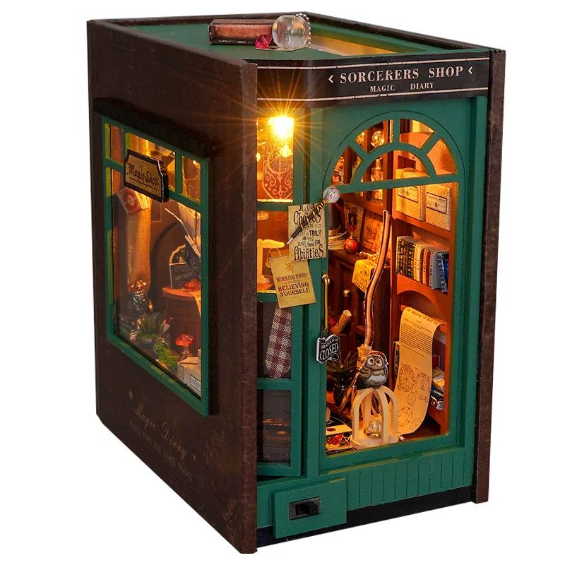 DIY Book Nook Insert Shelf Kit, Wooden Miniature Sorcerer's Shop Model, Magic Diary Casa Bookend Bookshelf Decor Gift