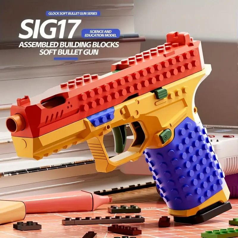 STEM Building Block Gun, Automatic Ejection Soft Bullet Toy, Creative Gift for Kids & Teens