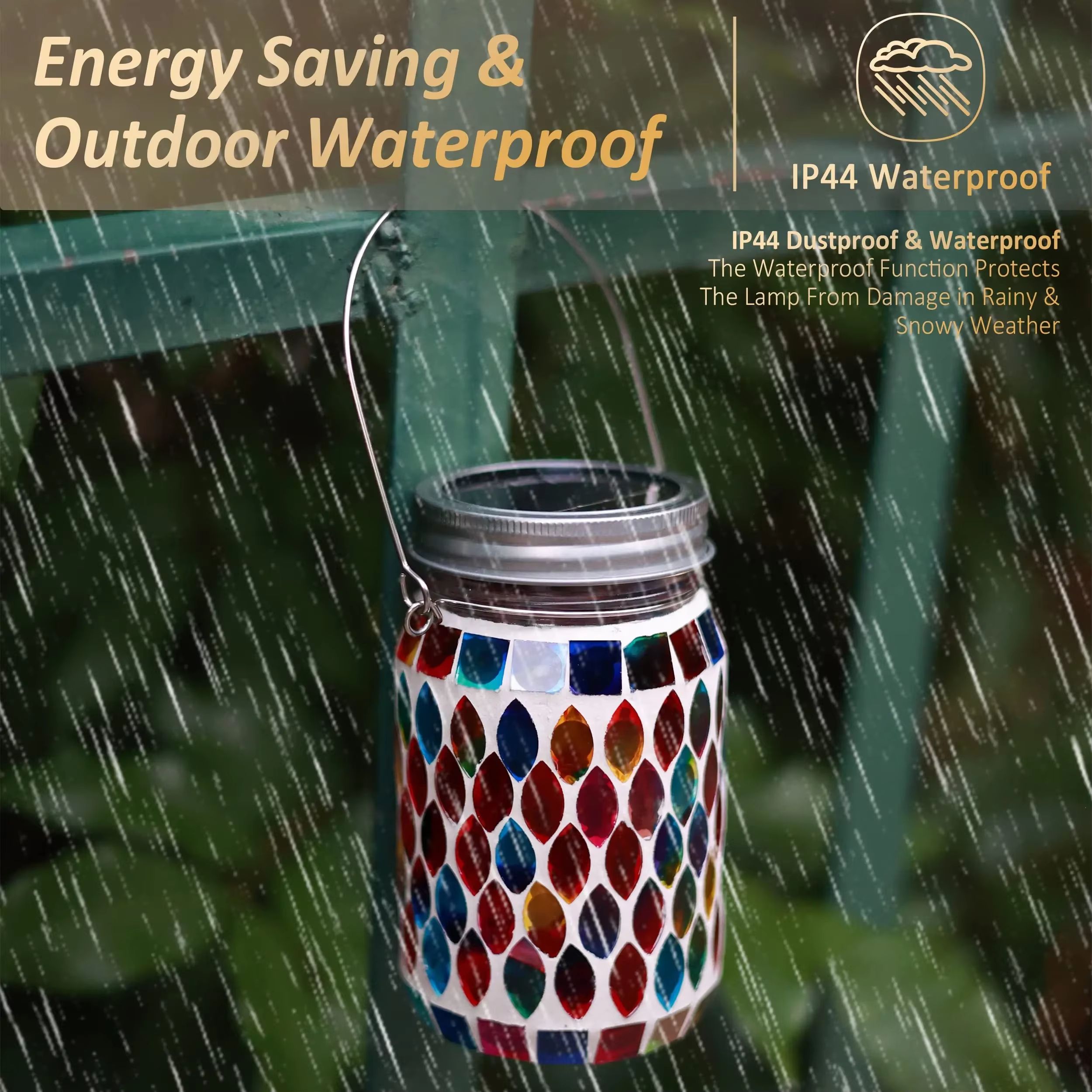 Solar Mosaic Hanging Lantern Waterproof Glass LED Garden Light