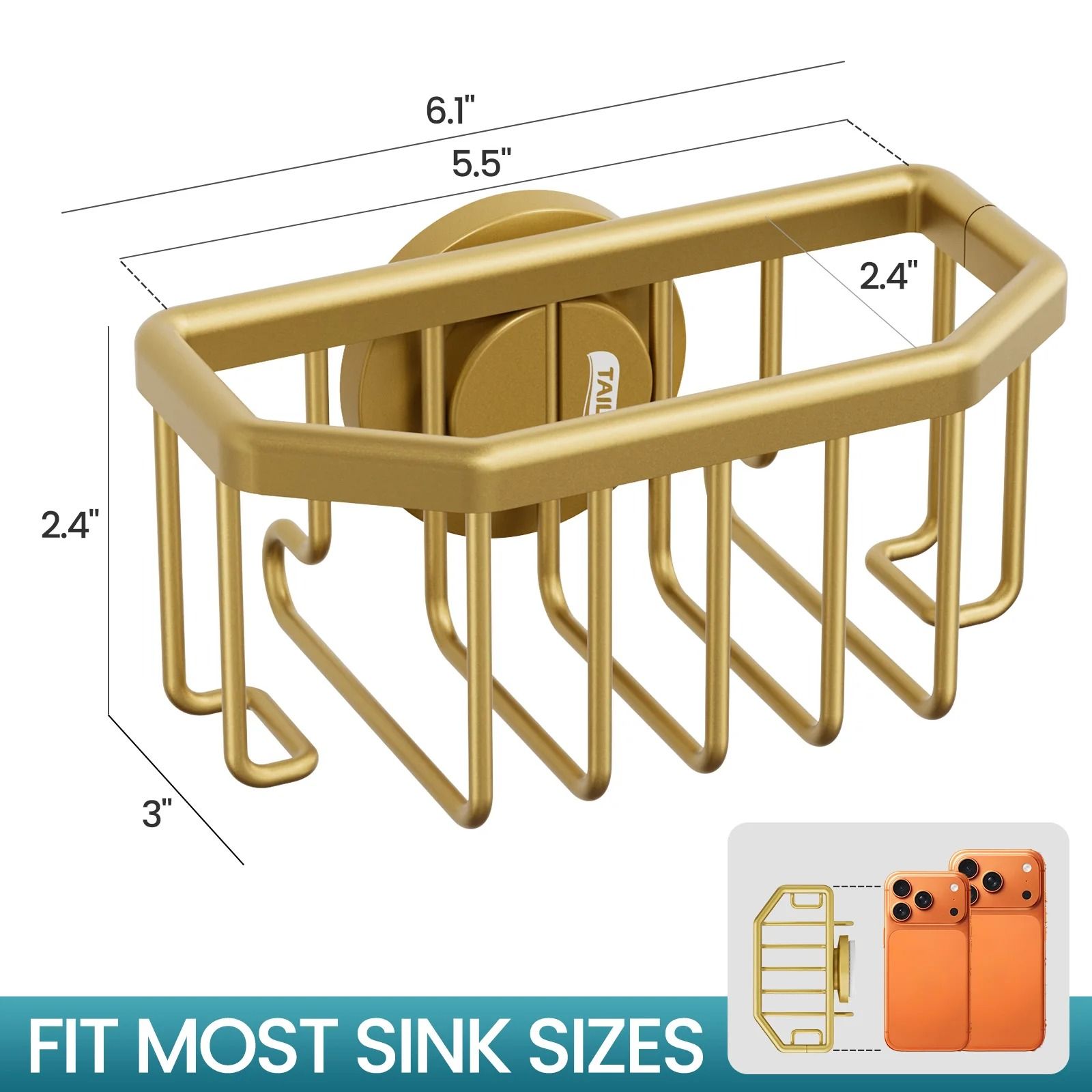 Gold Kitchen Sink Caddy – Rustproof Aluminum Sponge & Brush Holder with Strong Suction