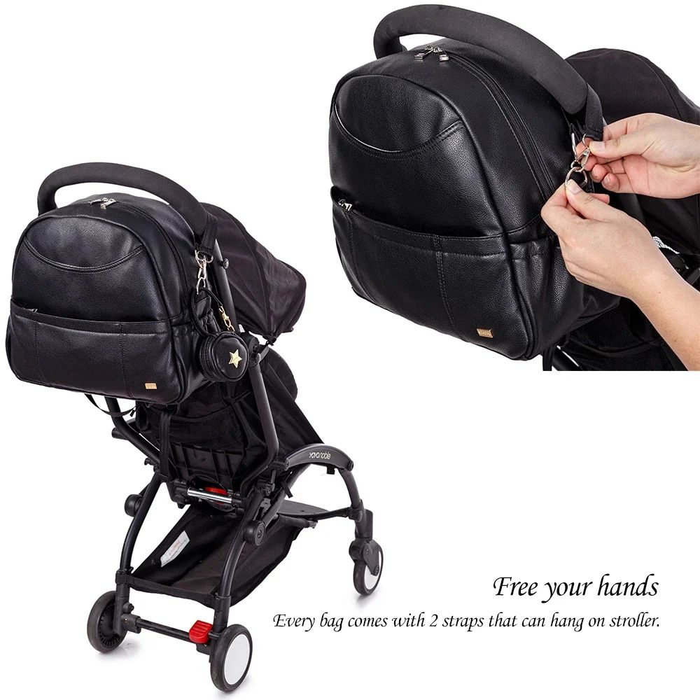 Modern Black PU Diaper Backpack Large Capacity Waterproof Baby Bag