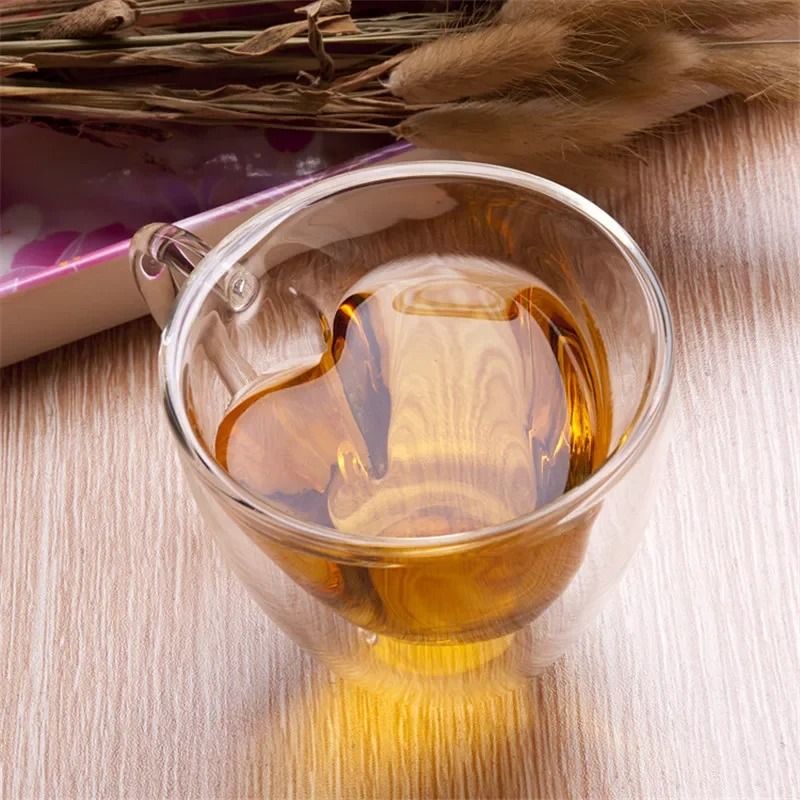 Double-Layer Heart Glass Cup – Romantic Insulated Tea and Coffee Mug with Handle