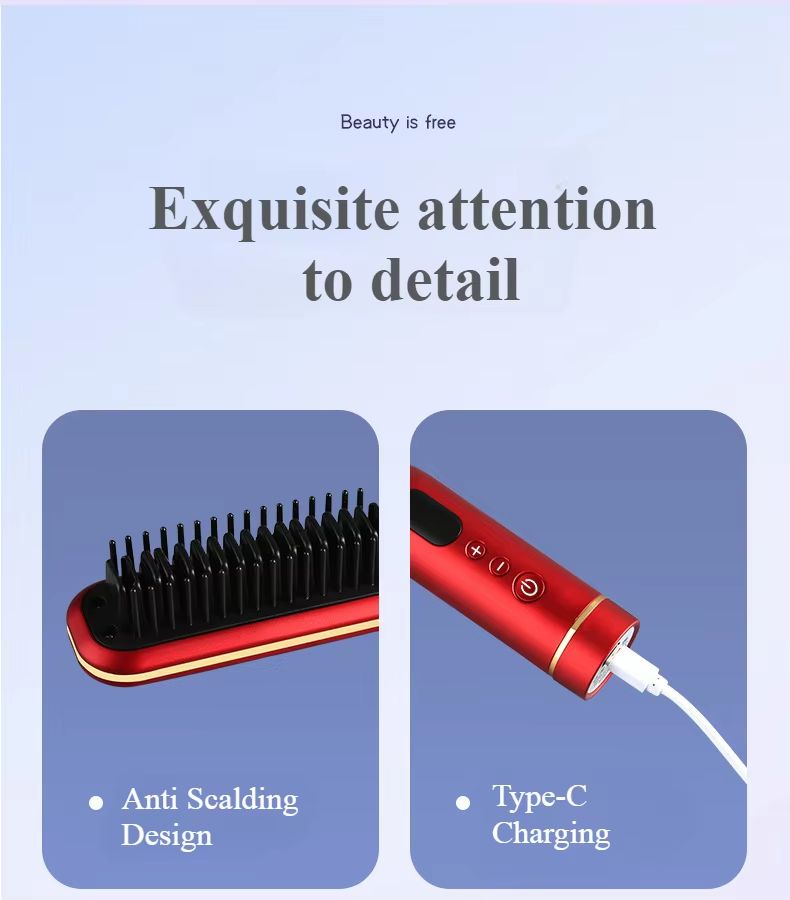 Wireless Negative Ion Hair Straightener Comb 2-in-1 Rechargeable Hair Styling Brush with LED Display