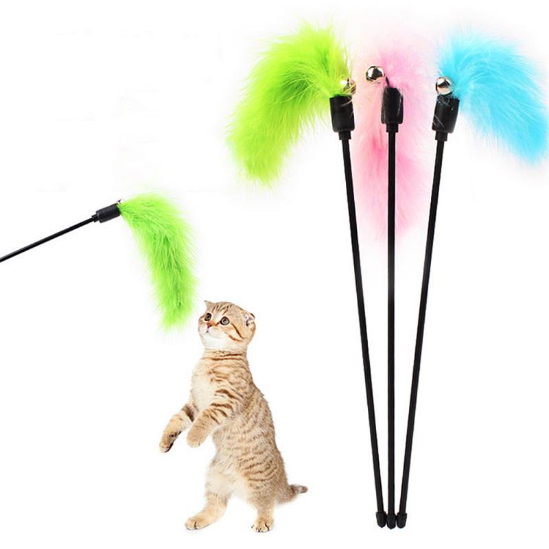 Interactive Cat Teaser Toy Rod with Bell and Feather - Fun Pet Stick Wire Chaser Wand in Random Colors