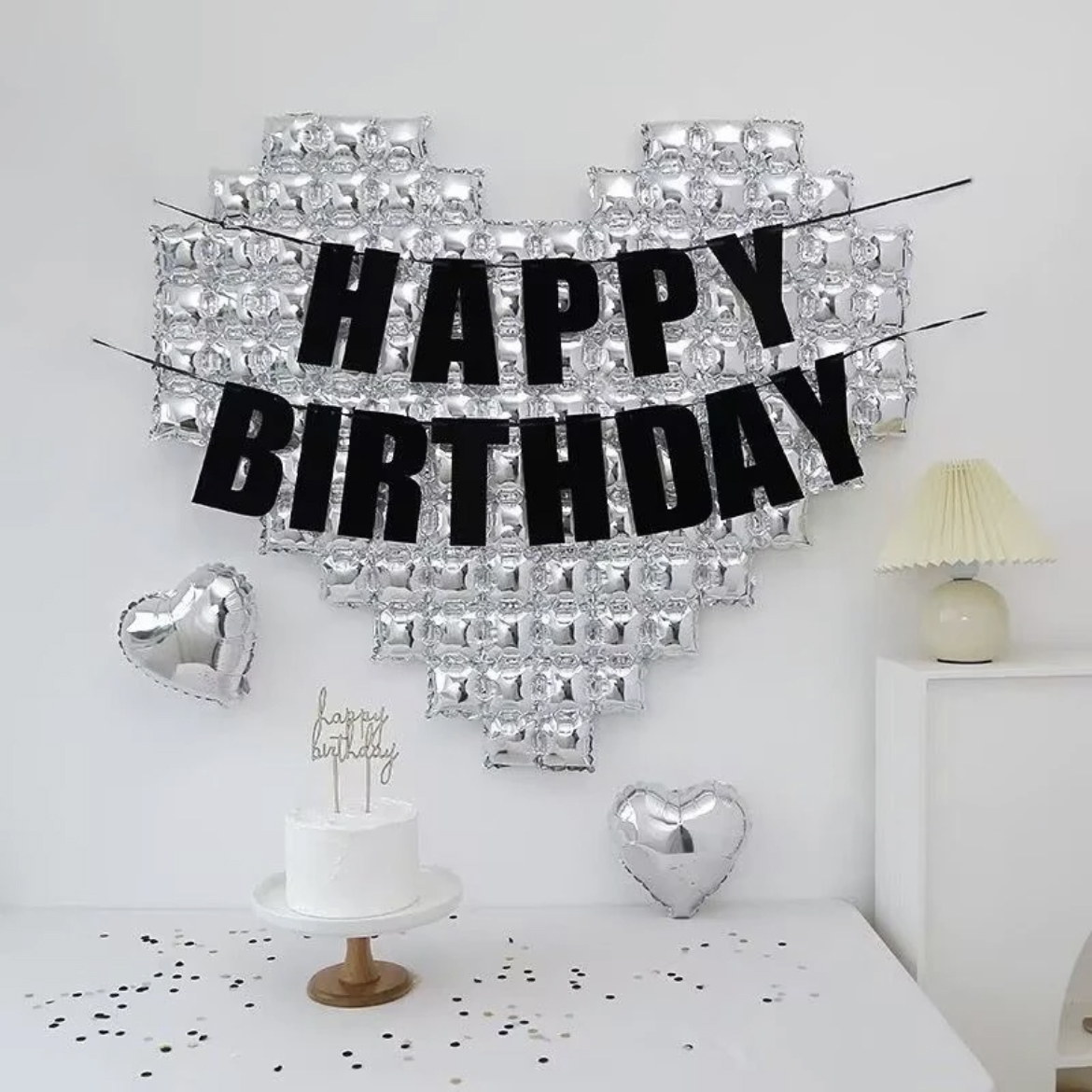 Oversized Silver Mosaic Heart Backdrop Balloons Happy Birthday Decorations Black Glitter Banner
