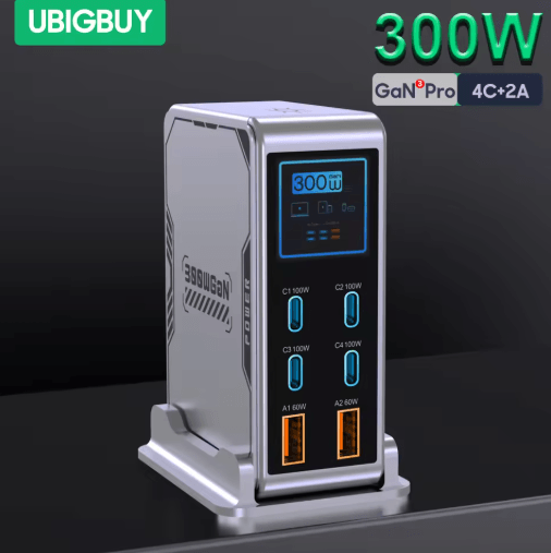 Ubigbuy 300W GaN 6 Port USB-C Charging Station with PD 100W and Digital Display