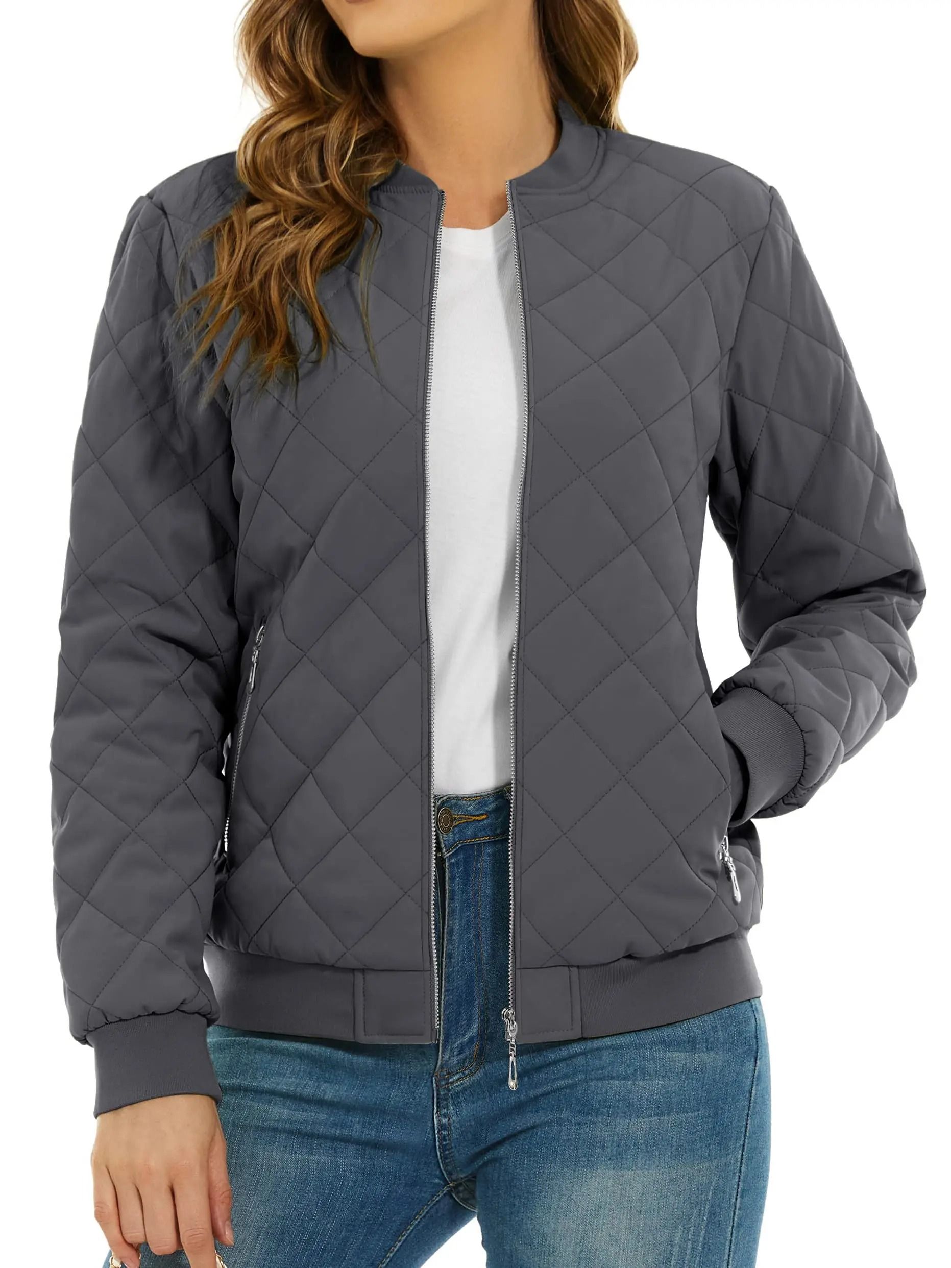 Womens Diamond Quilted Bomber Jacket Full Zip Warm Padded Coat