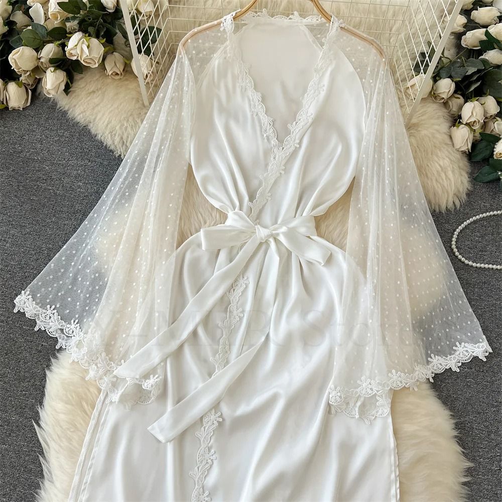 Sexy Embroidered Edge Kimono Robe – Professional Silk Satin Long Gown with Mesh Sleeves