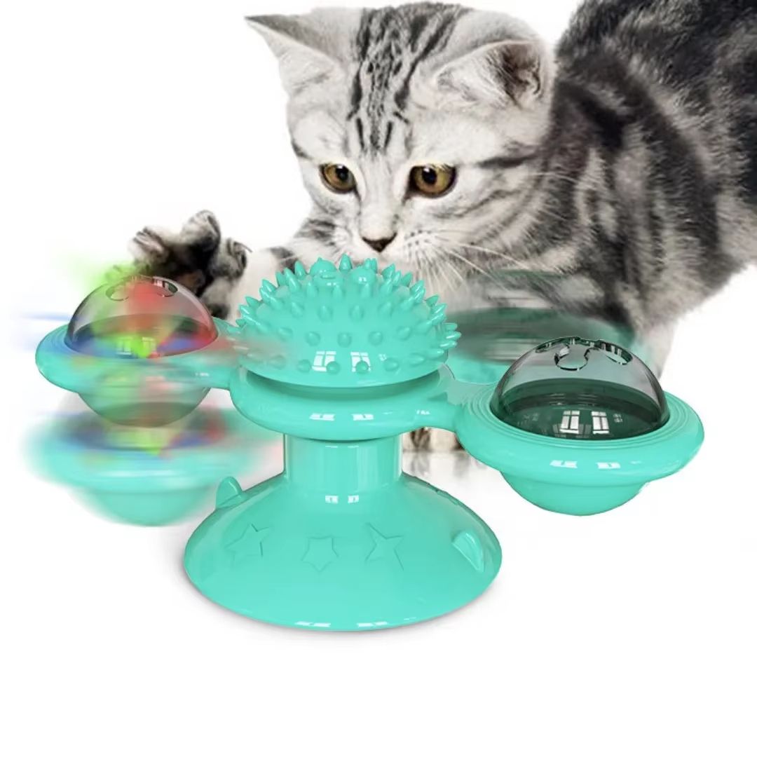 Windmill Interactive Cat Toy with Suction Cup, Catnip Ball Toy & Tooth-Cleaning Brush