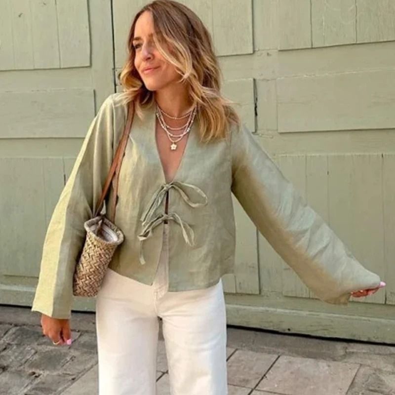 Green Linen Lace Up Long Sleeve V Neck Shirt for Women