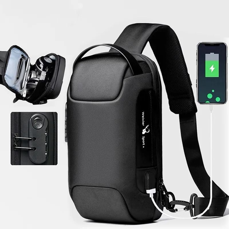 Mens USB Crossbody Bag Anti Theft Waterproof Oxford Travel Shoulder Chest Pack