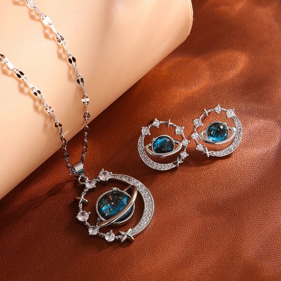 ZAKOL 2Pcs Titanium Steel Planet Round Earring Necklace Sets Niche Fashion Female Jewelry Gift