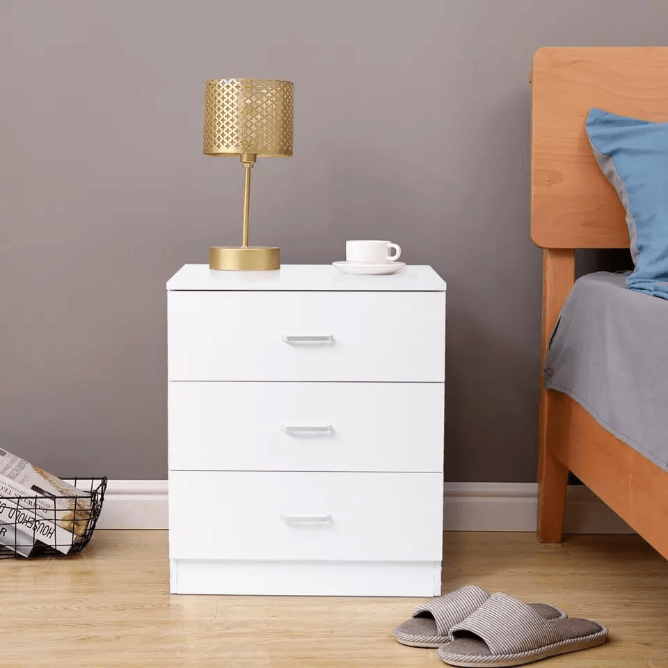 Wooden Nightstand with 3 Drawers – Bedside Table Accent for Bedroom Storage Chest of Dresser, Durable White Wood Cabinet