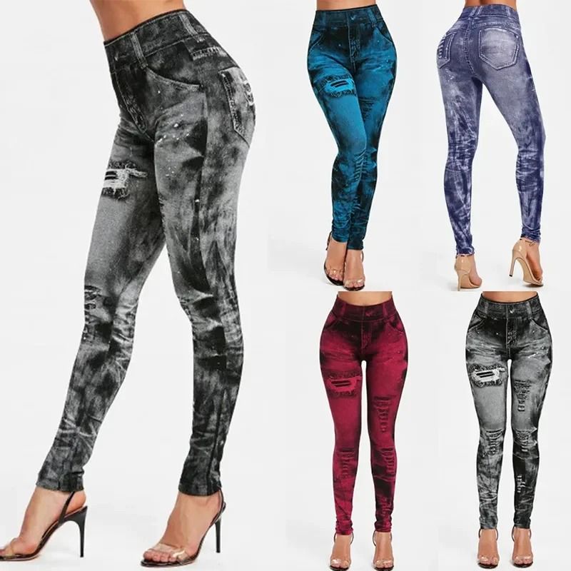 Womens High Waist Stretch Leggings with Imitation Jeans Design for Slim Push Up Fit