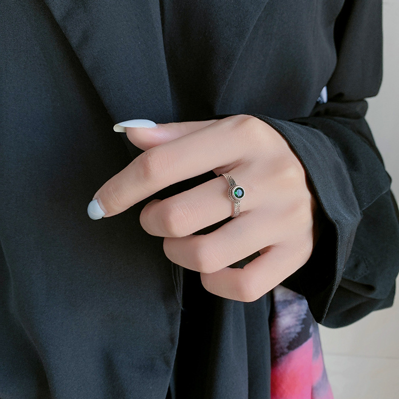 Vintage Thai Silver Green Zircon Open Cuff Rings for Women - New Fashion Jewelry Gift for Party