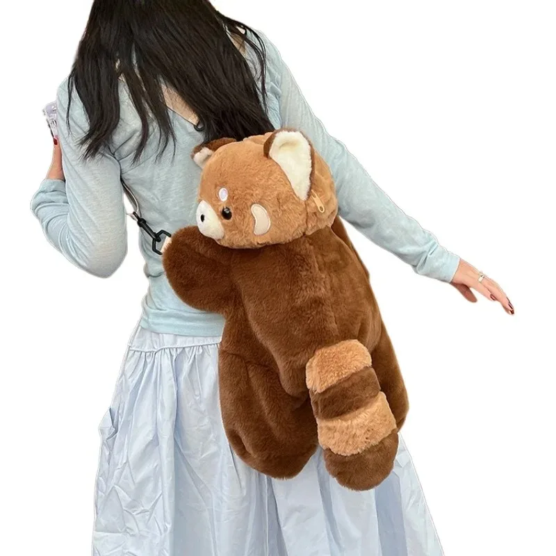 Red Panda Plush Backpack – Cute Plushie Doll Crossbody Fur Soft Shoulder Bag for Women, Ideal for Travel, Camping.