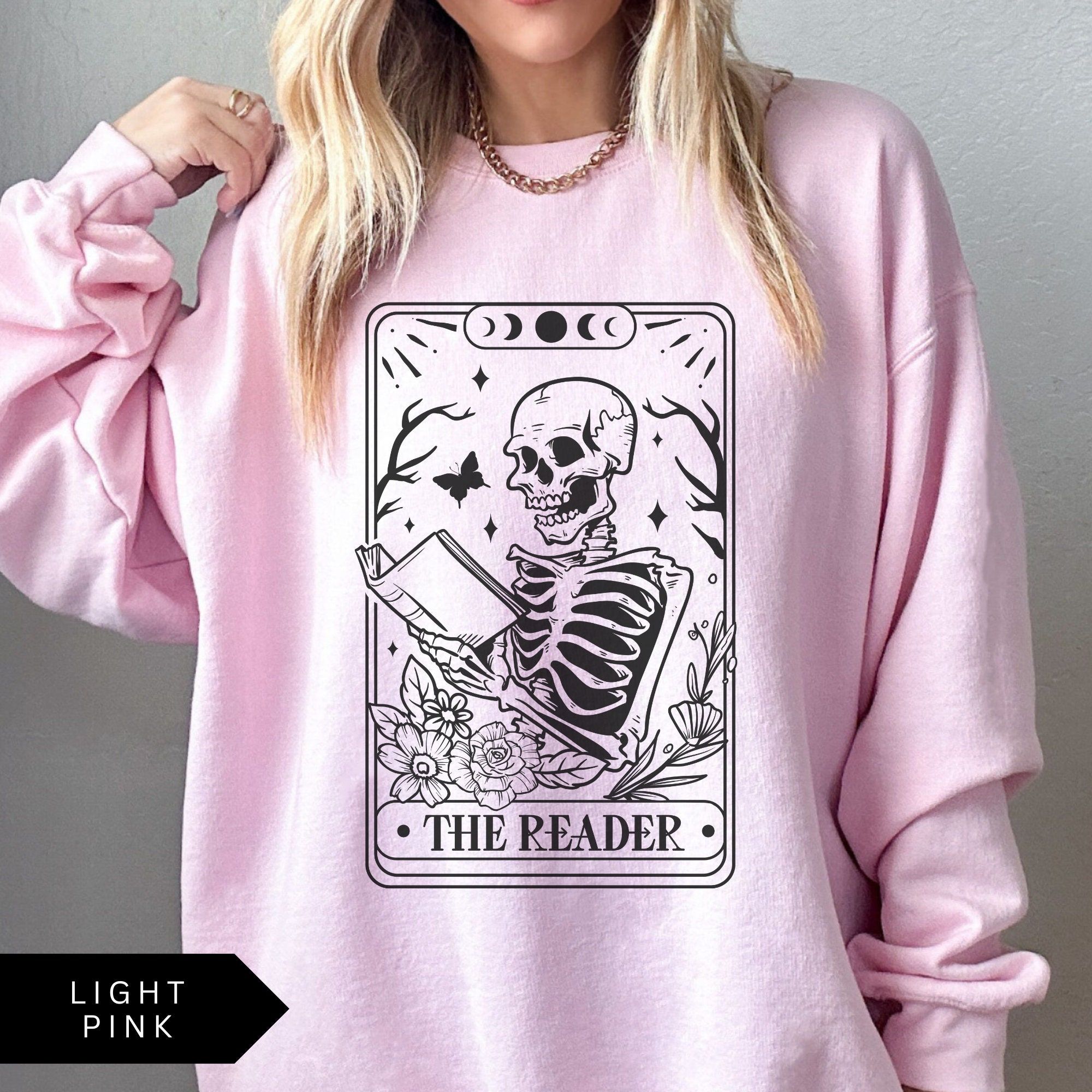 The Reader Tarot Card Sweatshirt, Book Lover Gift, Bookish Shirt, Skeleton Reading Shirt, Tarot Card Sweatshirt