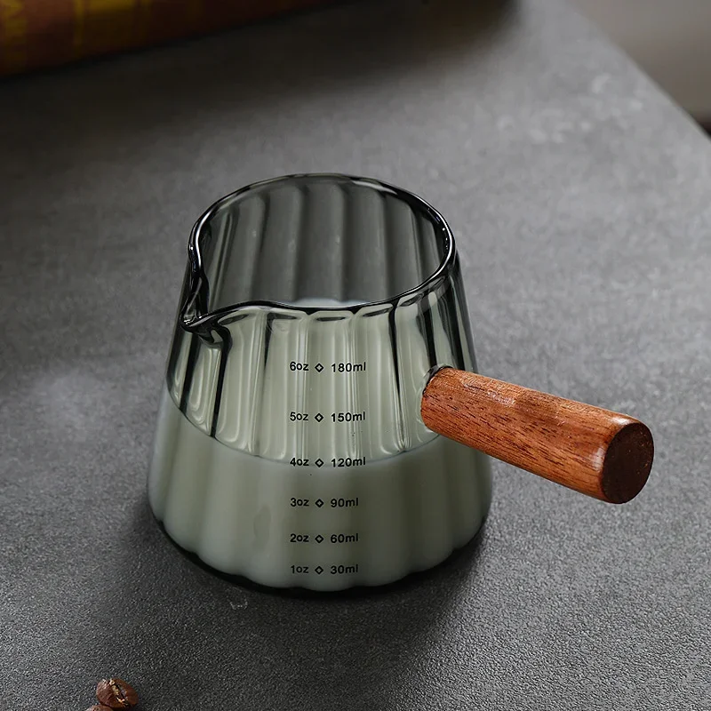 Glass Coffee Extraction Cup with Scale, Espresso Measuring Cup, Wood Handle Milk Jug