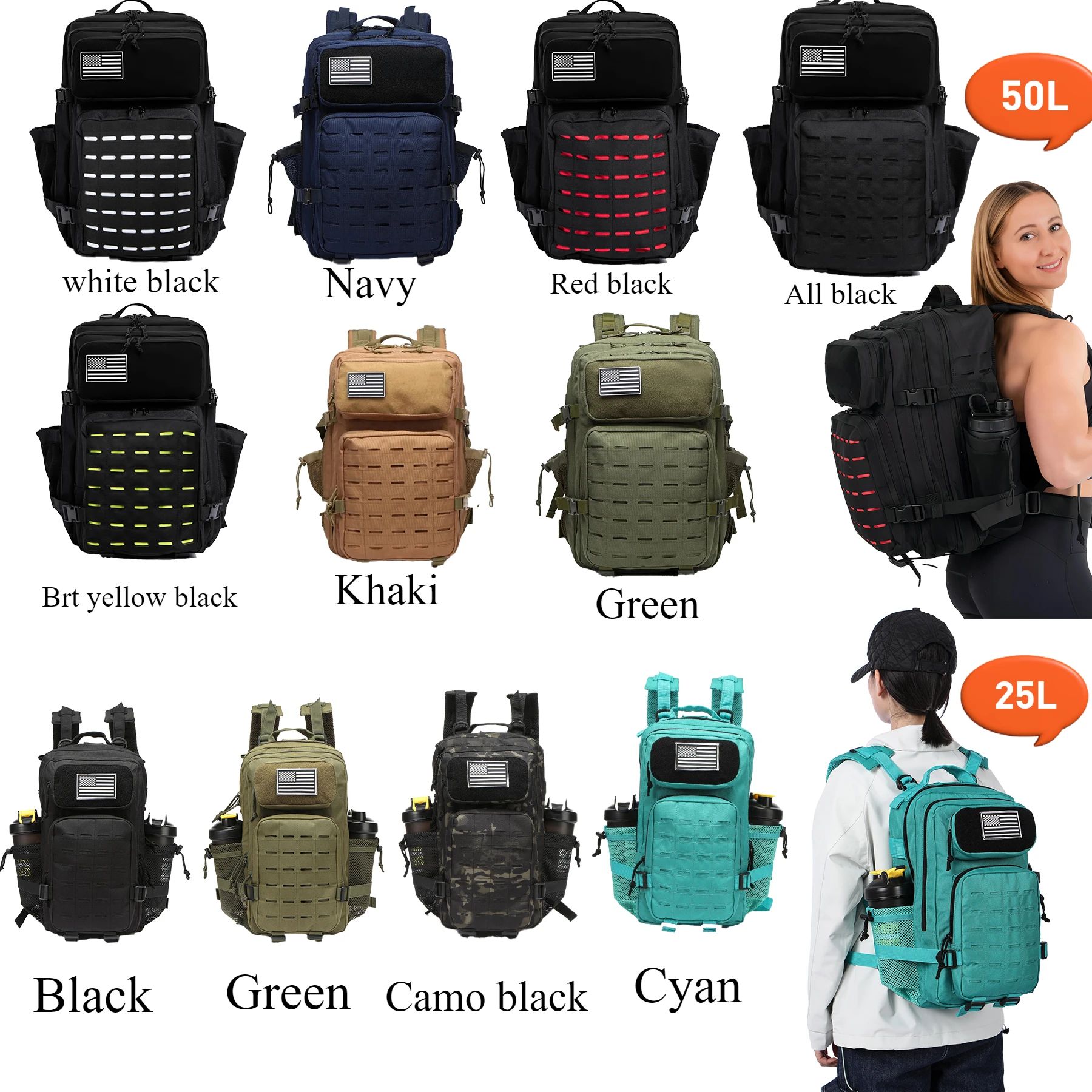 25L/50L Tactical MOLLE Outdoor Backpack with Dual Bottle Holders