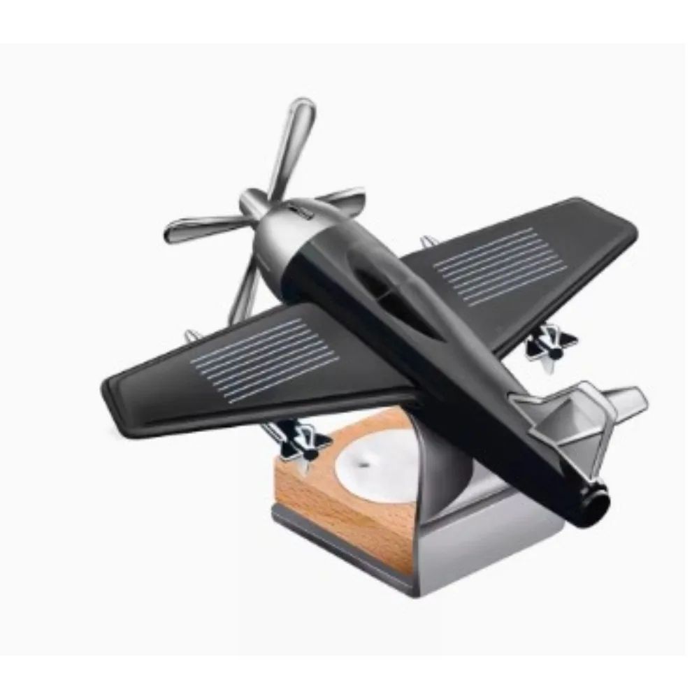 Solar Powered Airplane Car Diffuser with Wooden Base for Home and Office