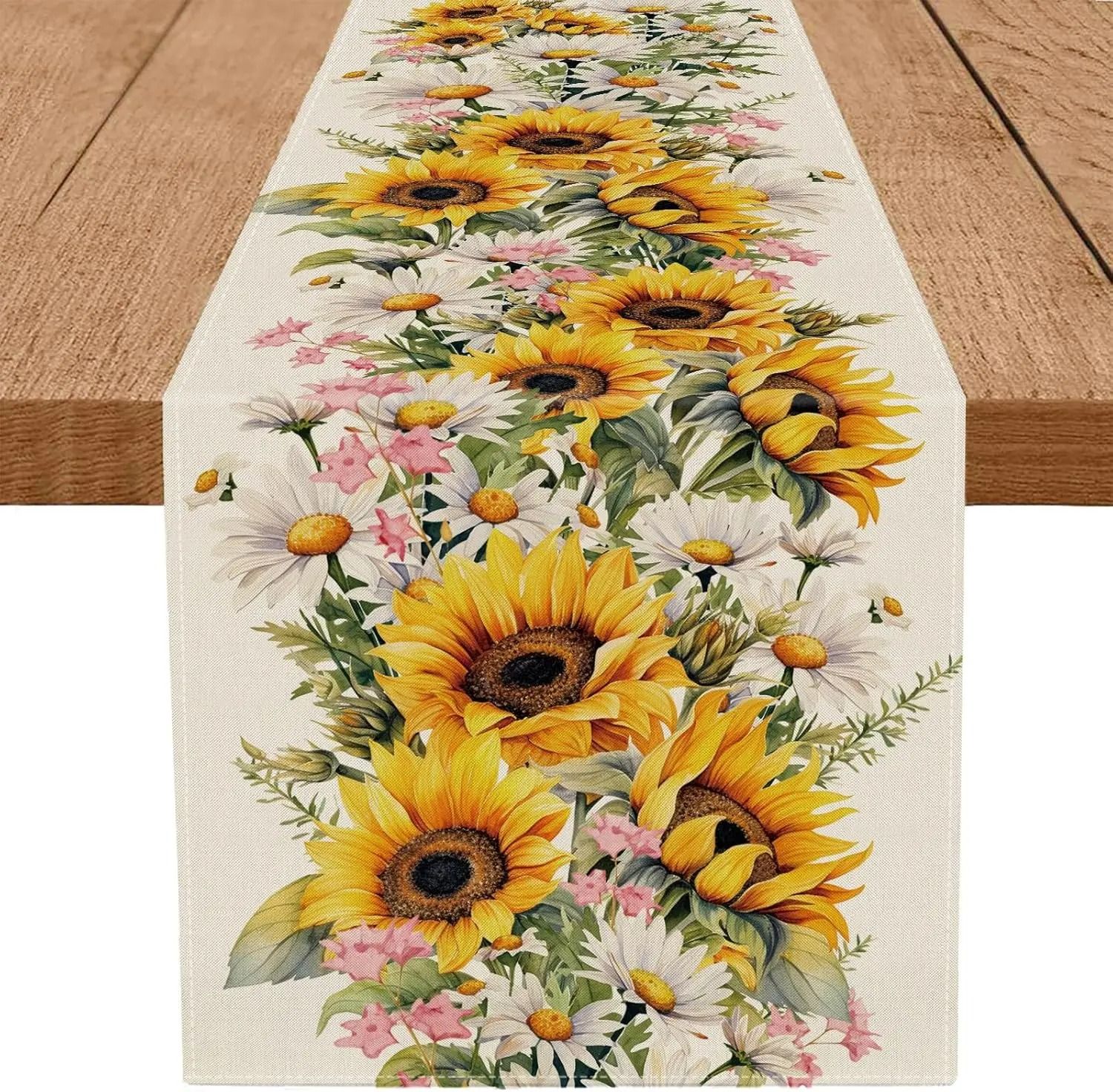 Spring Sunflower & Daisy Linen Table Runner | Colorful Farmhouse Floral Decor
