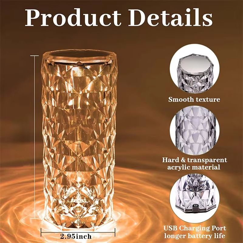 Crystal Diamond Rose Bedside Lamp with 16 Colors, Touch & Remote LED Night Light USB Rechargeable