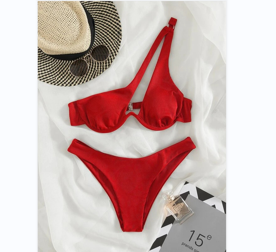 Luxury Two Pieces Bikini, Solid Patchwork Swimwear, Underwire Push Up, One Shoulder Cut Out Beachwear